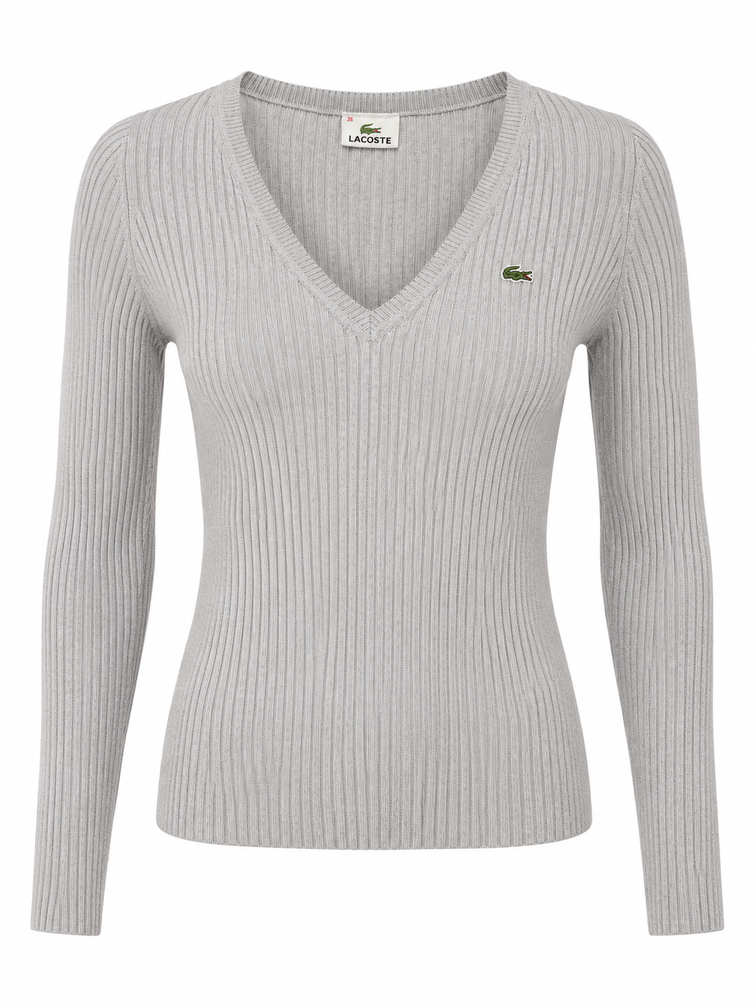 Lacoste bordázott V-nyakú gyapjúkeverék pulóver S