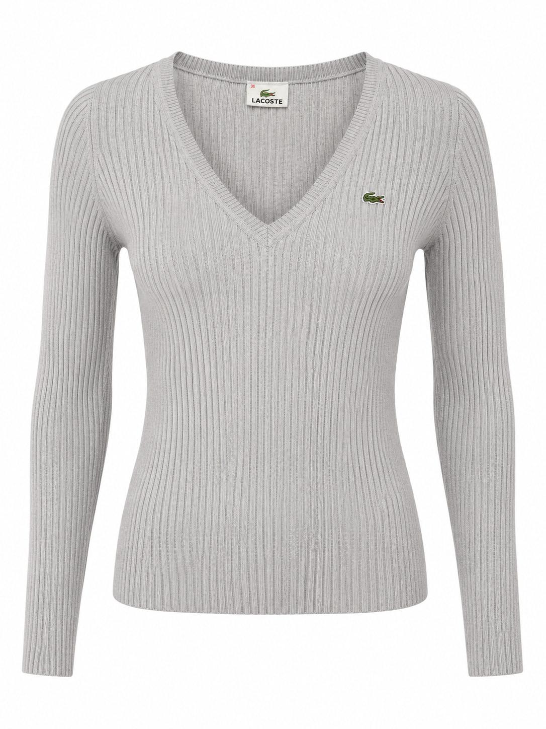 Lacoste bordázott V-nyakú gyapjúkeverék pulóver S